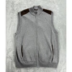 CHAPS‎ Sweater Vest Mens XL Gray Suede Trim Full Zip Sleeveless